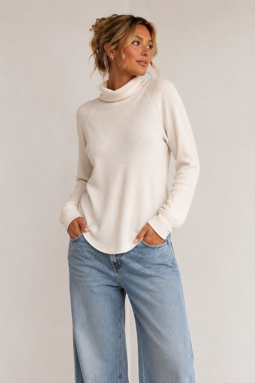 Everlane Cream Thermal Knit Turtleneck Sweater Womens M Organic Cotton Casual